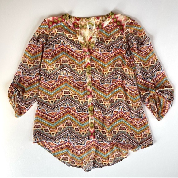 Fig and Flower V Neck Chiffon Geometric Aztec Print M - Picture 15 of 16